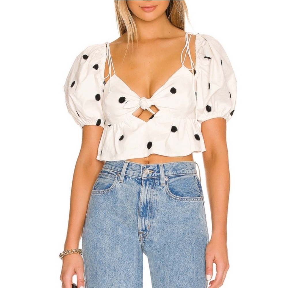 For Love And Lemons White and Black Polka Dot Crop Top